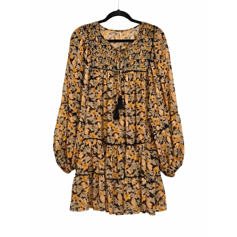 Free People Floral Smocked Tie Neck Balloon Long Sleeve Mini Dress Size M